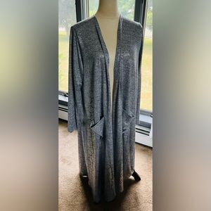 LuLaRoe floor length grey cardigan duster with metallic silver pattern
